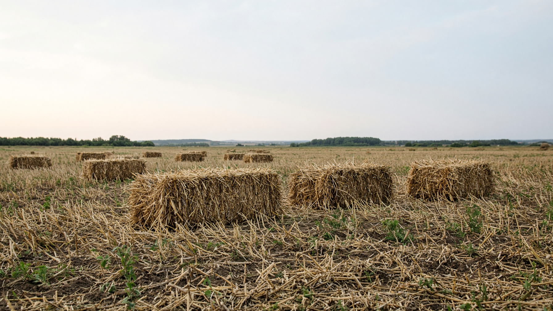 Harvested agricultural residue staged in a rural field