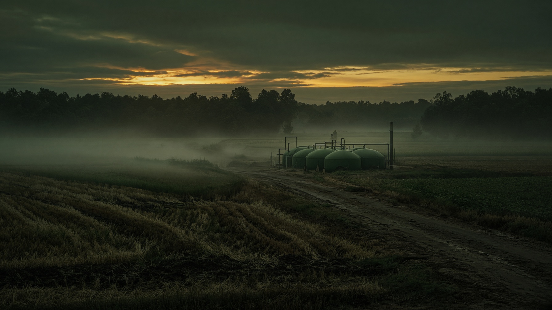 Modular biogas systems at the edge of harvested fields at dusk